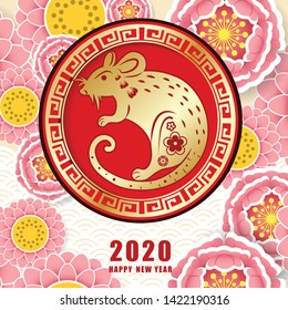 Happy Chinese new year 2020. Year of the rat. Colorful hand crafted art paper cut style. Vector illustration EPS10. 