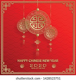 Happy chinese new year 2020 Zodiac sign, year of the rat, with oriental asia elements on red background and gold frame (Chinese Translation : happy new year, year of rat)