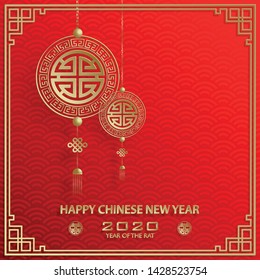 Happy chinese new year 2020 Zodiac sign, year of the rat, with oriental asia elements on red background and gold frame (Chinese Translation : happy new year, year of rat)