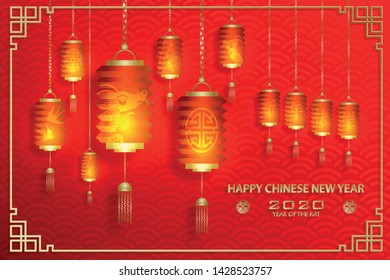 Happy chinese new year 2020 Zodiac sign, year of the rat, with oriental asia elements on red background and gold frame (Chinese Translation : happy new year, year of rat)