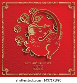 Happy chinese new year 2020 Rat Zodiac sign, with gold paper cut art and craft style on red color background for greetings card, flyers, poster (Chinese Translation : happy new year, year of rat)