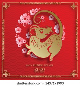 Happy chinese new year 2020 Rat Zodiac sign, with gold paper cut art and craft style on red color background for greetings card, flyers, poster (Chinese Translation : happy new year, year of rat)