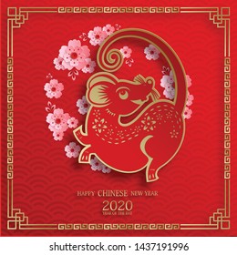 Happy chinese new year 2020 Rat Zodiac sign, with gold paper cut art and craft style on red color background for greetings card, flyers, poster (Chinese Translation : happy new year, year of rat)