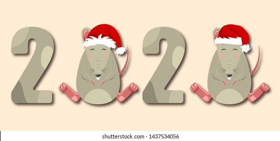 Happy Chinese New Year 2020 Zodiac. Funny Smile Rats in Santa Hat