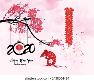 Happy Chinese New Year 2020 year of the rat,Chinese characters mean Happy New Year, wealthy. lunar new year 2020.