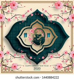 Happy chinese new year 2020 Rat Zodiac sign, with gold paper cut art and craft style on color background for greetings card, flyers, poster (Chinese Translation : happy new year, year of rat)
