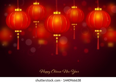 Happy Chinese New Year 2020 greeting card with traditional asian lanterns on red glowing banner. Vector traditional lunar year background