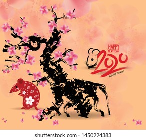 Happy Chinese New Year 2020 year of the rat,Chinese characters mean Happy New Year, wealthy. lunar new year 2020.