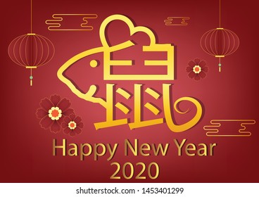 Happy chinese new year 2020 ,Zodiac rat ,greeting card. year of the rat (Chinese Translation : rat)