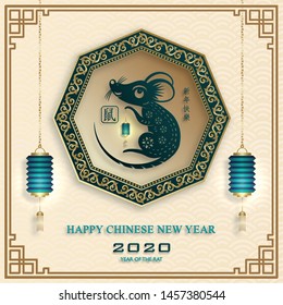 Happy chinese new year 2020 Rat Zodiac sign, with gold paper cut art and craft style on color background for greetings card, flyers, poster (Chinese Translation : happy new year, year of rat)