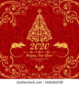 Happy Chinese New Year 2020 year of the rat. Lunar new year. Celebration red background with Gold rat,  Christmas tree, snowflakes, frame and place for your text. Vector Illustration