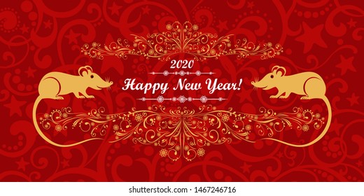 Happy Chinese New Year 2020 year of the rat. Lunar new year. Celebration red background with Gold rat,  Christmas frame, snowflakes and place for your text. Money envelope. Horizontal banner. Vector
