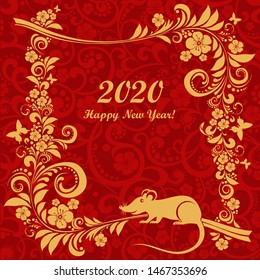 Happy Chinese New Year 2020 year of the rat. Lunar new year. Celebration red background with Gold rat, flower and place for your text. Vector Illustration