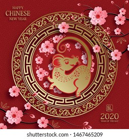 Happy chinese new year 2020 year of the Rat, red and gold paper cut rat character, flower and asian elements with craft style on background (Translation : happy chinese new year 2020, year of the rat)