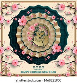 Happy chinese new year 2020, year of the Rat, gold paper cut rat character and asian elements with craft style on cream color background (Translation : happy chinese new year 2020, year of the rat)