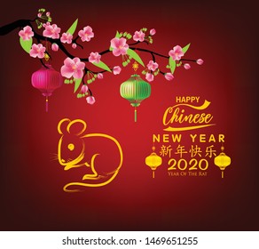 Happy Chinese New Year 2020 year of the rat,Chinese characters mean Happy New Year, wealthy. lunar new year 2020.