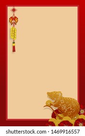 Happy chinese new year 2020 .Gold rat with Mumeplant Japanese Apricot graphics design art highly detailed in chinese style.Year of rat (Chinese translation : Happy new year)
