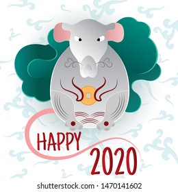 Happy Chinese New Year 2020 Zodiac sign, year of the Rat, paper cut and craft style. Abstract cloud. Asian element texture on white background. Funny Christmas Holiday card. Typography Vector template