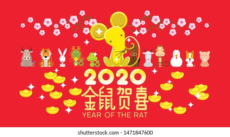 Happy Chinese new year 2020, zodiac sign year of rat with Chinese characters (Translation: The Year of the Rat)