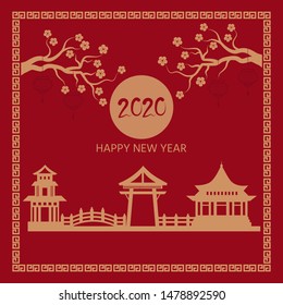 Happy Chinese New Year 2020 year with red lantern  on red background with gold border for greeting cards, banner, web. - Shutterstock ID 1478892590