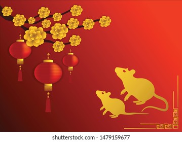 Happy Chinese New Year 2020, year of the mouse. Red and gold flower lantern ground rats with paper cut style