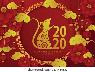 Happy Chinese New Year 2020, designed with golden rat paper cutting