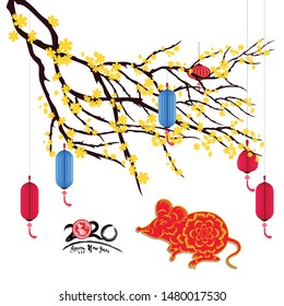 Happy Chinese New Year 2020 year of the rat paper cut style. lunar new year 2020