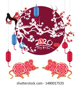 Happy Chinese New Year 2020 year of the rat paper cut style. lunar new year 2020