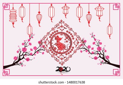 Happy Chinese New Year 2020 year of the rat paper cut style. lunar new year 2020