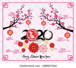 Happy Chinese New Year 2020 year of the rat paper cut style. lunar new year 2020