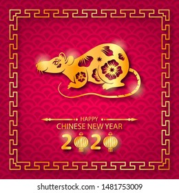 Happy Chinese New Year 2020 Card with Golden Rat Zodiac