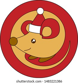 Happy Chinese New Year. 2020 year of the rat. Template for christmas red round ball or sticker. Golden mouse in santa claus hat in cartoon flat vector style isolated.