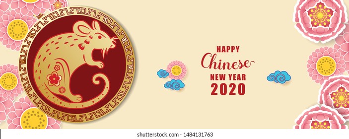 Happy Chinese new year 2020. Year of the rat. Colorful hand crafted art paper cut style. Vector illustration EPS10. 