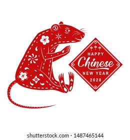 Happy Chinese New Year 2020 design. Vector illustration. Chinese zodiac sign year of rat. Red paper cut rat character