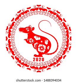 Happy Chinese New Year 2020, Rat Zodiak Symbol. Ornate Flral Elements - Illustration Vector