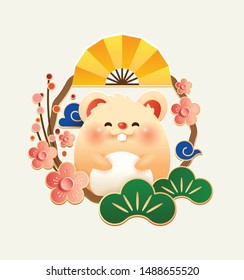 Happy Chinese New Year 2020 the year of the rat. Cute rat with plum blossom and golden folding fan frame