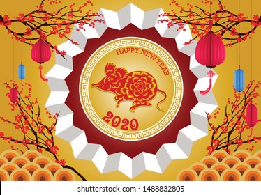 Happy Chinese New Year 2020 year of the rat paper cut style. lunar new year 2020