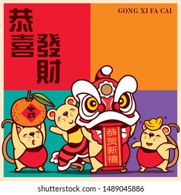 Happy Chinese New Year 2020. The year of the rat. Cute little rats with colourful signboard Gong Xi Fa Cai lettering. Translation: Gong Xi Fa Cai  - Vector