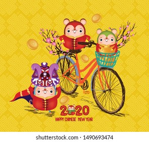 Happy Chinese new year - 2020 text and rat zodiac and bicycle