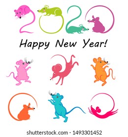 Happy chinese new year 2020. Greeting card. Celebration white background with Rat and place for your text. Winter holiday. Art design celebrate party invitation template. Modern Flat Design Mouse Icon