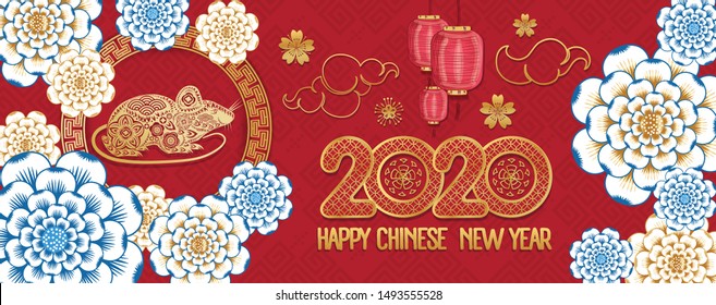 Happy Chinese New Year 2020 year of the rat paper cut style with cherry blossom. Zodiac sign for greetings card. Translation Mouse