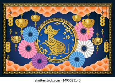 Happy Chinese New Year 2020 year of the rat paper cut style. lunar new year 2020