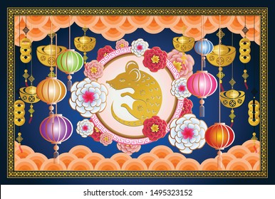 Happy Chinese New Year 2020 year of the rat paper cut style. lunar new year 2020
