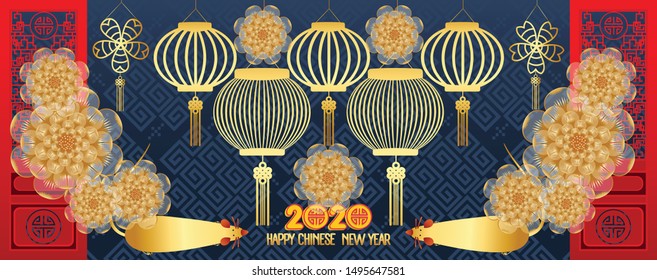 Happy chinese new year 2020 Zodiac sign with gold paper cut art and craft style on color Background