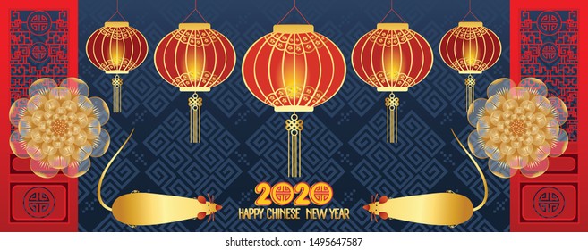 Happy chinese new year 2020 Zodiac sign with gold paper cut art and craft style on color Background