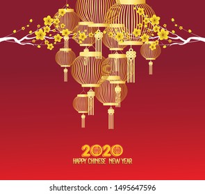 Happy chinese new year 2020 Zodiac sign with gold paper cut art and craft style on color Background
