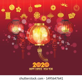 Happy Chinese New Year 2020 Background with Lanterns and Light Effect