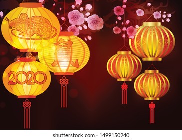 Happy Chinese New Year 2020 Background with Lanterns and cherry blossom. Translation Mouse
