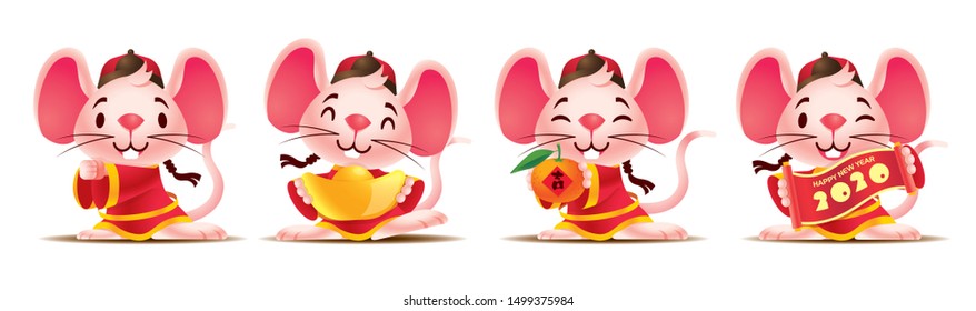 Happy Chinese New Year 2020. Cartoon cute mouse set with traditional chinese costume. The year of rat. Translation: lucky (Orange) - Vector rat character set