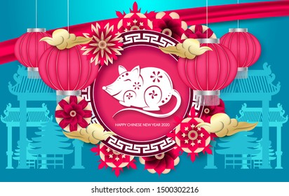 Happy Chinese New Year 2020. With shades of blue and pink along with items and elements of Chinese flowers. And illustration of cartoon mouse